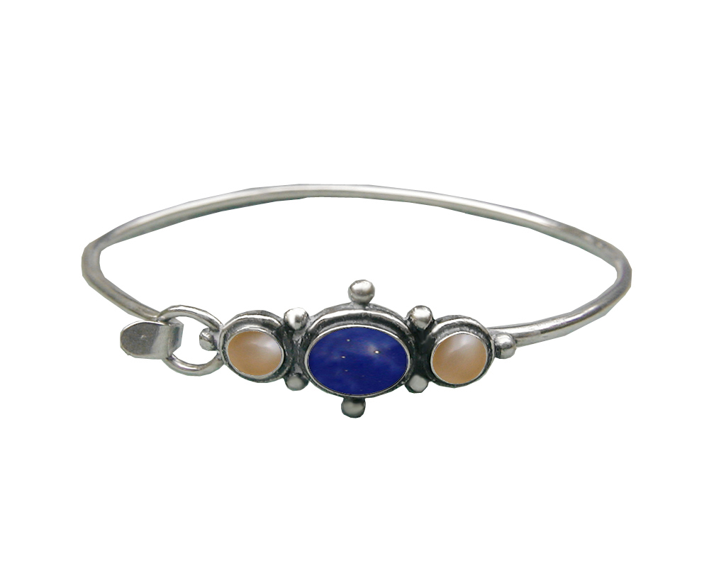 Sterling Silver Strap Latch Spring Hook Bangle Bracelet Lapis Lazuli And Peach Moonstone